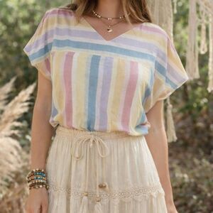 Rendezvous Vintage Pastel Striped Lightweight Cotton Blend Boxy Blouse Size 12